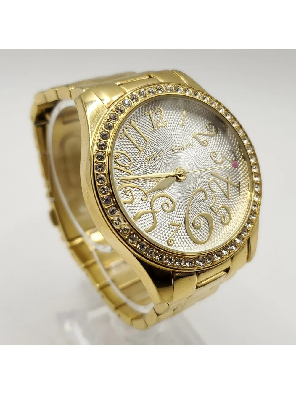 Betsey Johnson Rhinestone Bezel Gold Tone Womens Watch 39mm New Battery